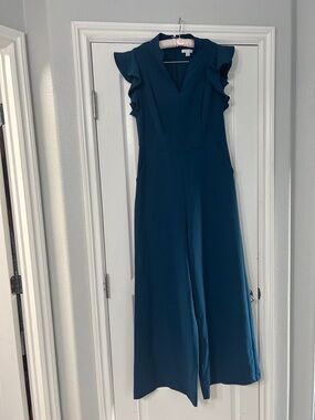 New York & Company Teal Ruffle-Sleeve Wide-Leg Jumpsuit